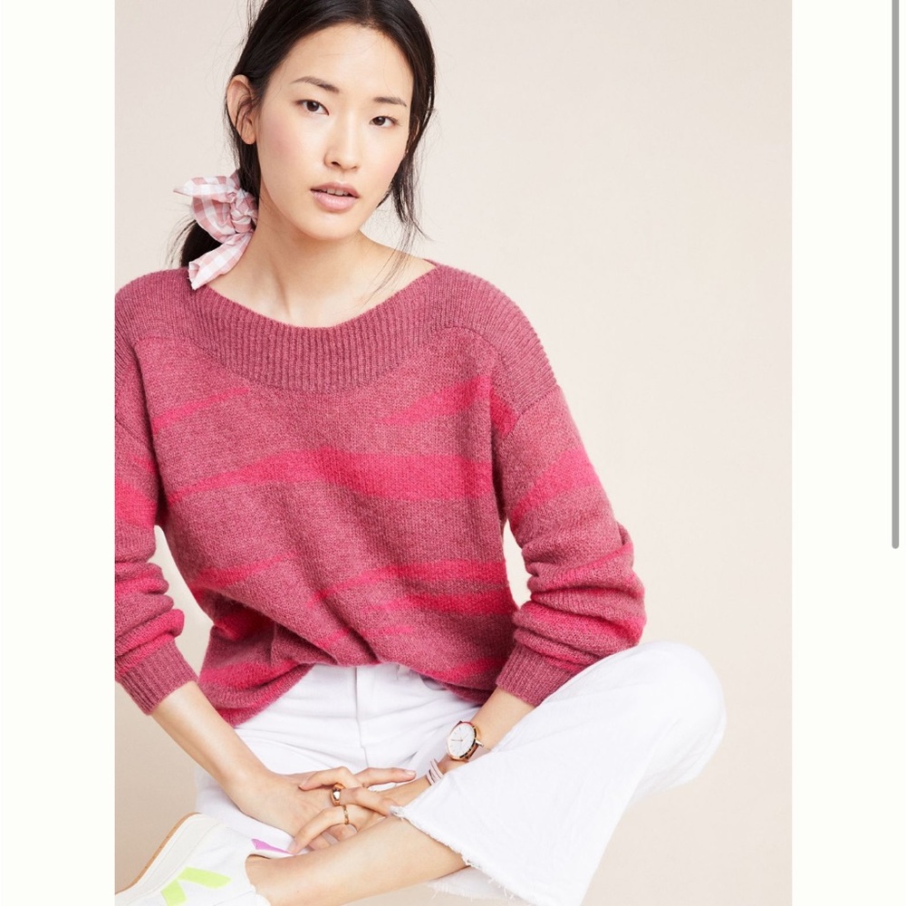 Anthropologie Raspberry Striped Crew Neck Sweater